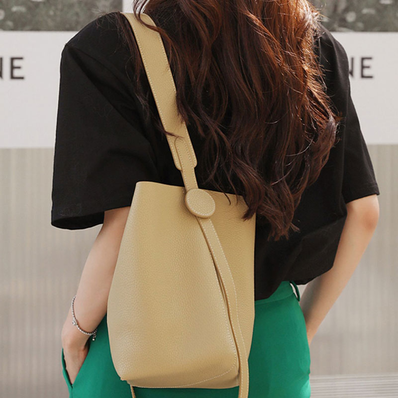 Commuter Bucket Bag Leather Fashion Top Grain Leather Vegetable Basket Crossbody Bag