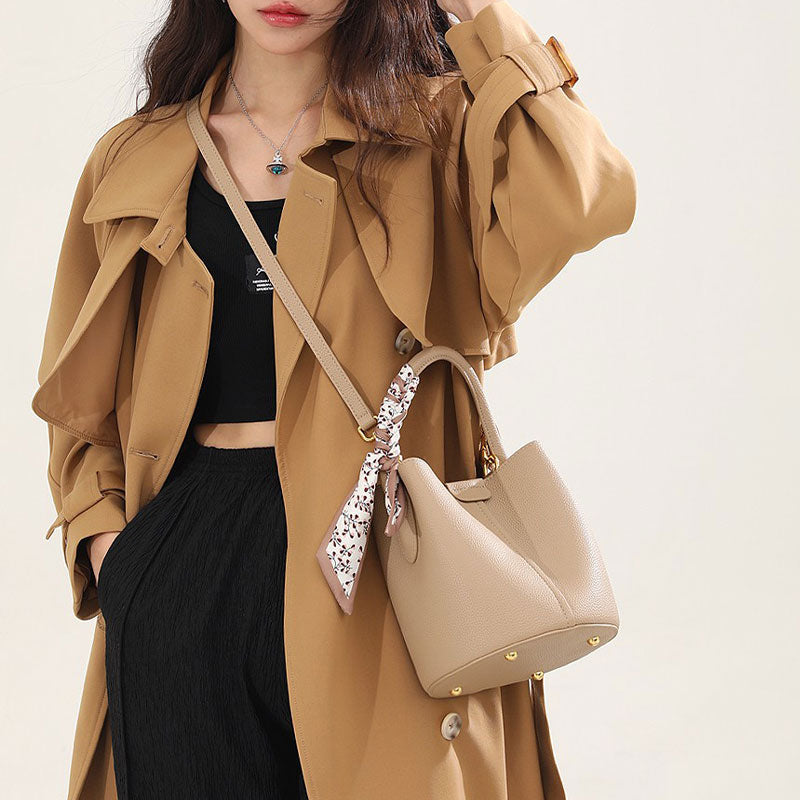 Commuter Soft Bucket Bag Leather Fashion Top Grain Leather Vegetable Basket Crossbody Bag