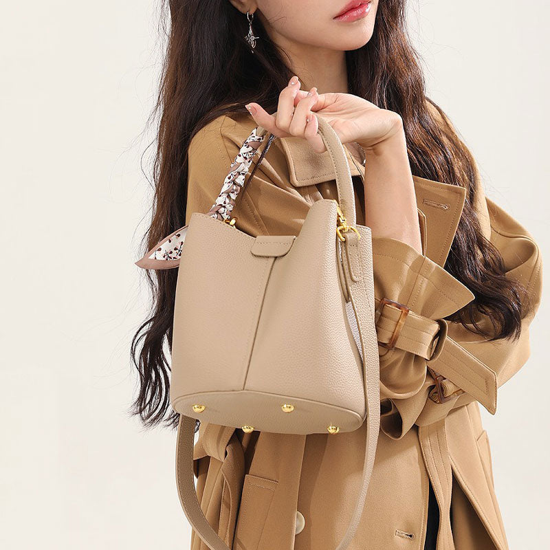 Commuter Bucket Bag Leather Fashion Top Grain Leather Vegetable Basket Crossbody Bag