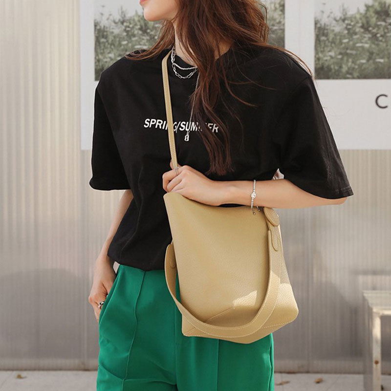 Commuter Bucket Bag Leather Fashion Top Grain Leather Vegetable Basket Crossbody Bag