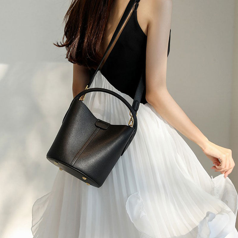 Commuter Bucket Bag Leather Fashion Top Grain Leather Vegetable Basket Crossbody Bag