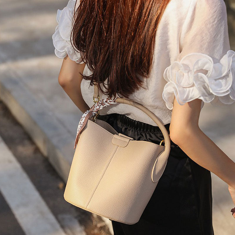 Commuter Bucket Bag Leather Fashion Top Grain Leather Vegetable Basket Crossbody Bag