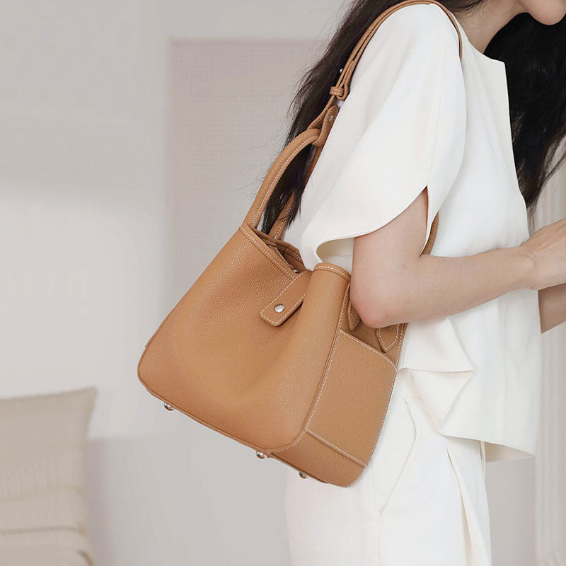 Large Capacity Soft Leather Bucket Bag Totes Top Grain Leather Vegetable Basket Bag For Commuter