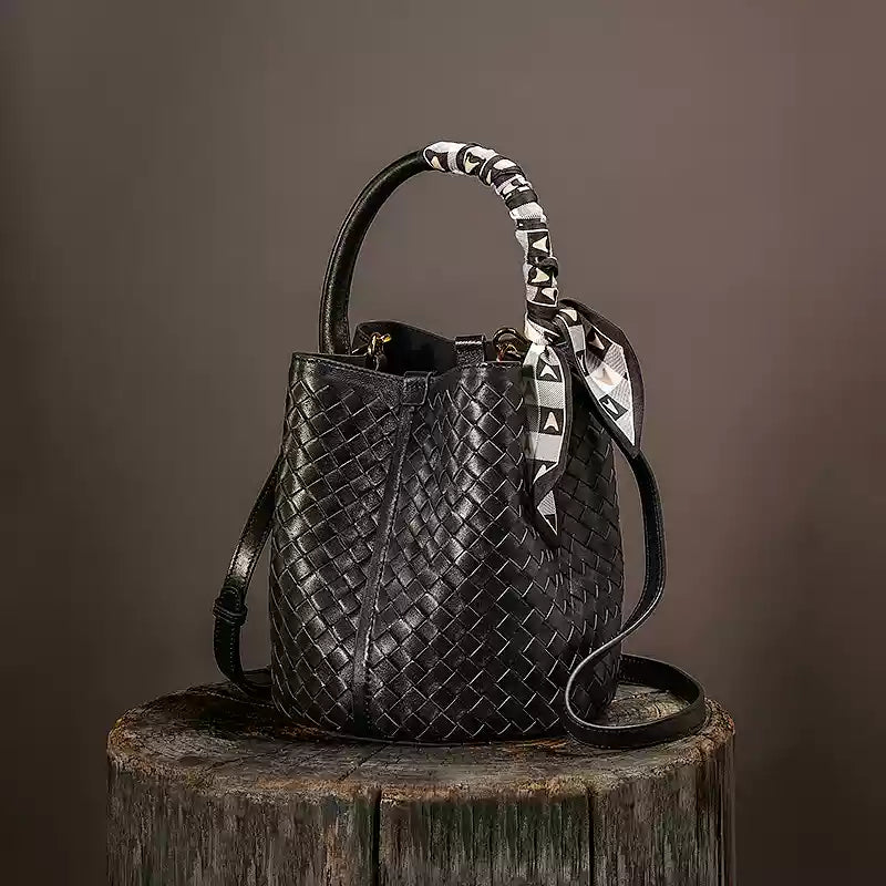 Woven Lambskin Bucket Bag - 2025 New Fashion Large Capacity Leather Handbag