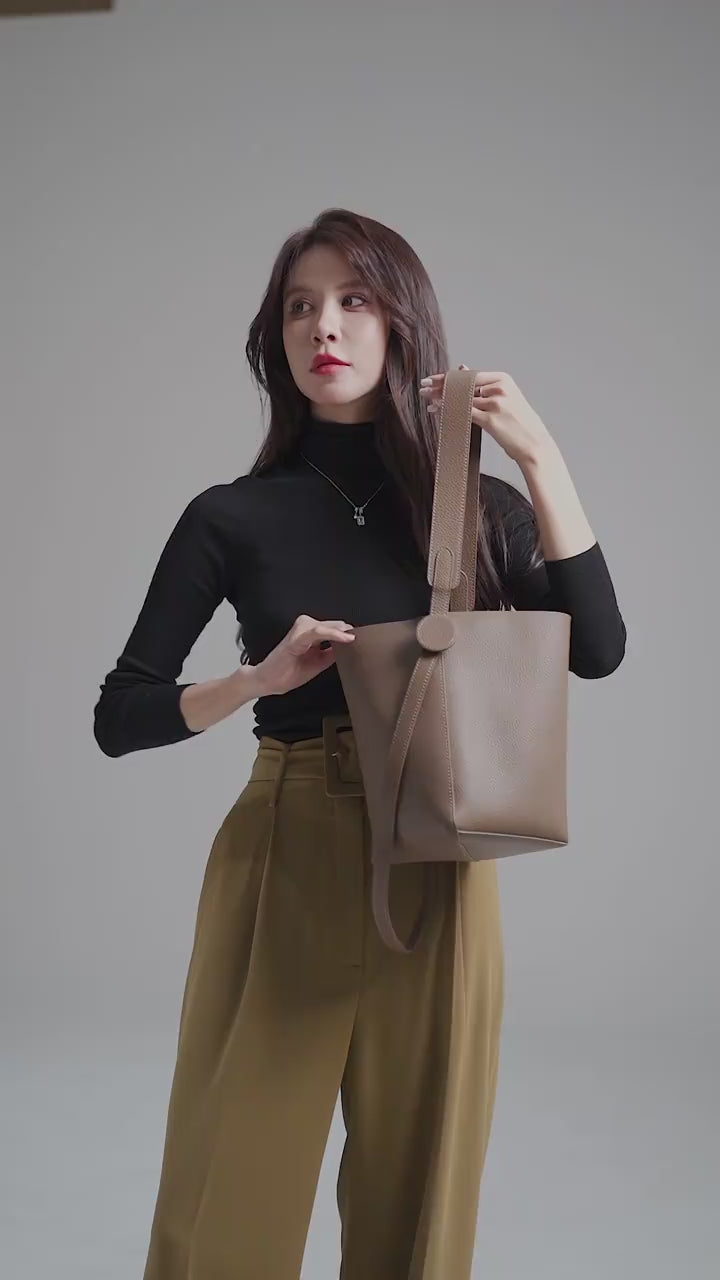 Commuter Bucket Bag Leather Fashion Top Grain Leather Vegetable